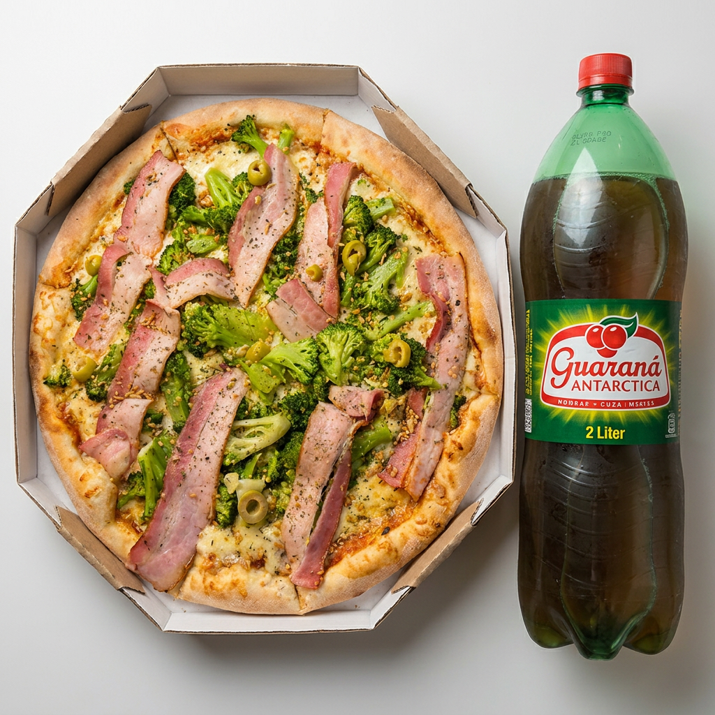 Brócolis, muçarela, bacon e alho.