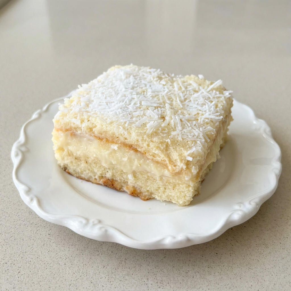 Bolo feito com massa molhadinha de baunilha e recheado com beijinho cremoso.