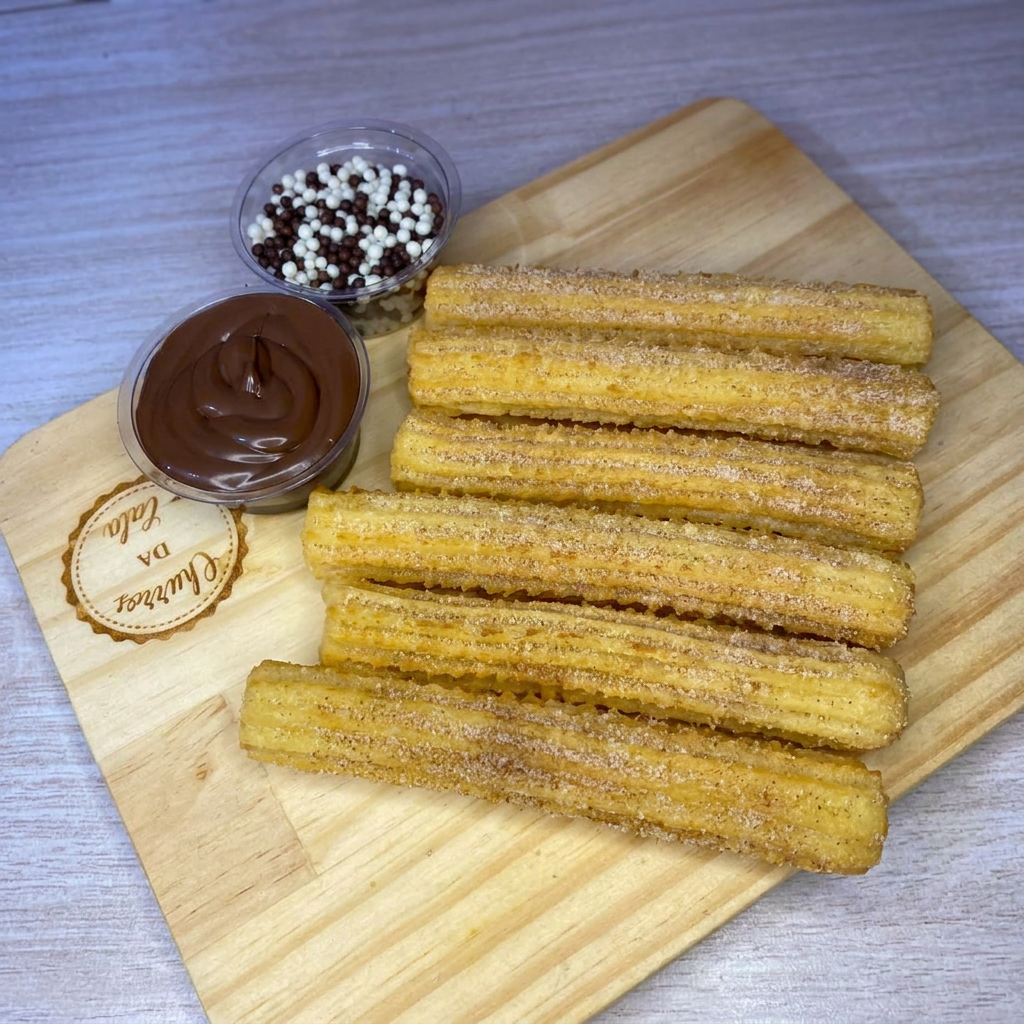 massa fresca, artesanal, feita todos os dias, envolvido em açúcar e canela, acompanha: 6 palitinhos de churros recheados, 1 potinho de recheio, e 1 potinho de granulado.