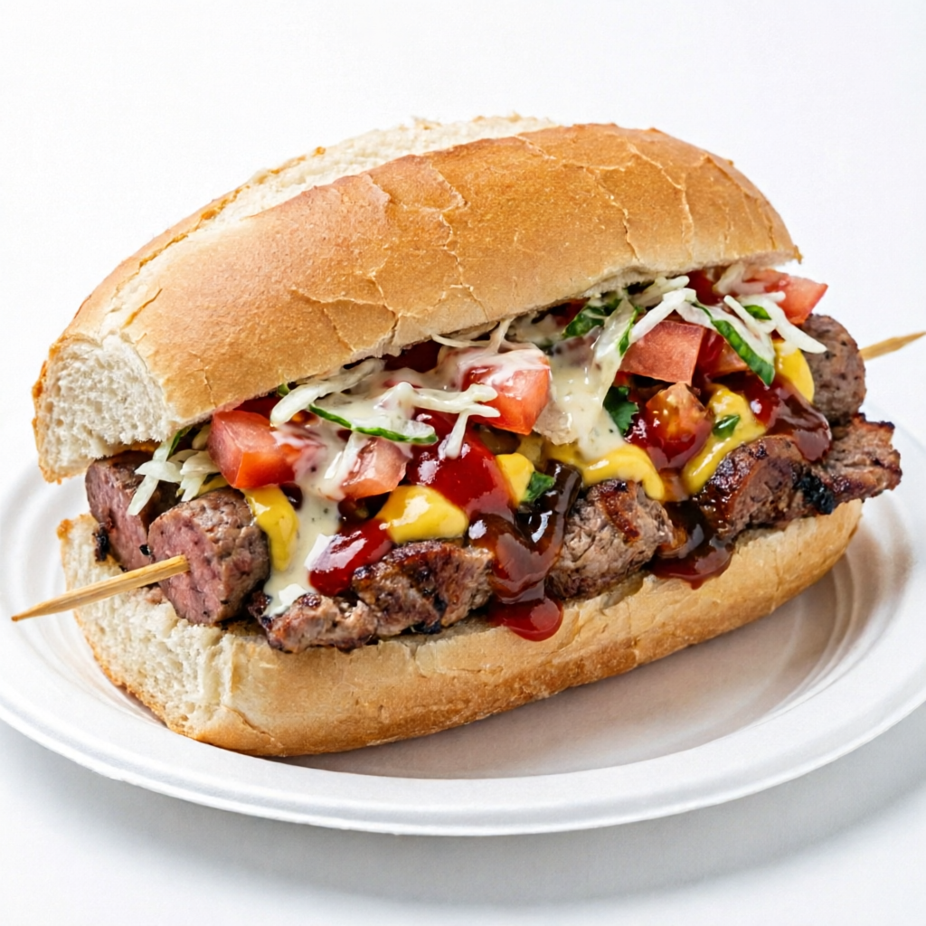 Pão com o espetinho de carne e linguica,vinagrete de tomate ou repolho,com catchup,mostarda,barbecue.