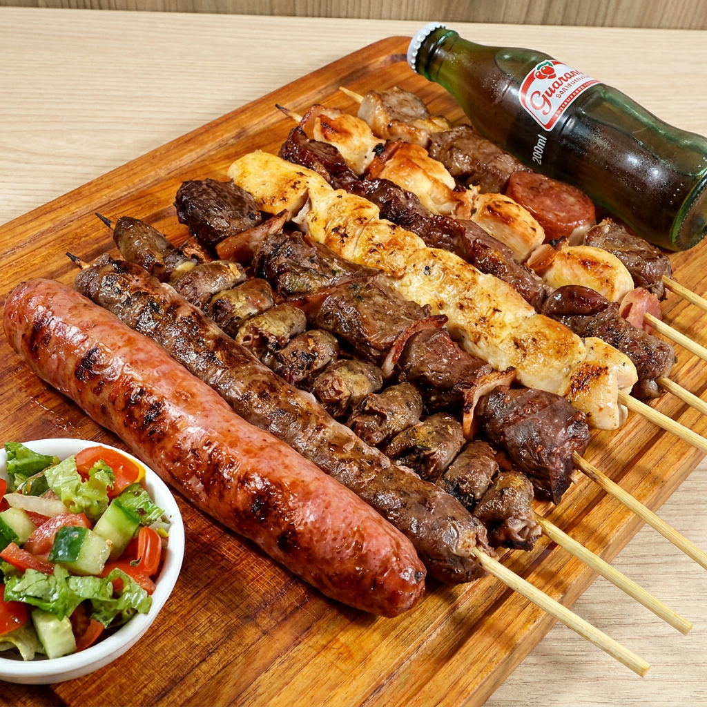 Experimente o delicioso Combo 6 Espetos, Escolha uma combinação irresistível de 6 espetos tradicionais e suculentos! Aproveite também o brinde especial: 1 refrigerante grátis de 200ml. Uma opção perfeita para compartilhar com amigos ou saborear sozinho. Não perca essa oferta imperdível!
