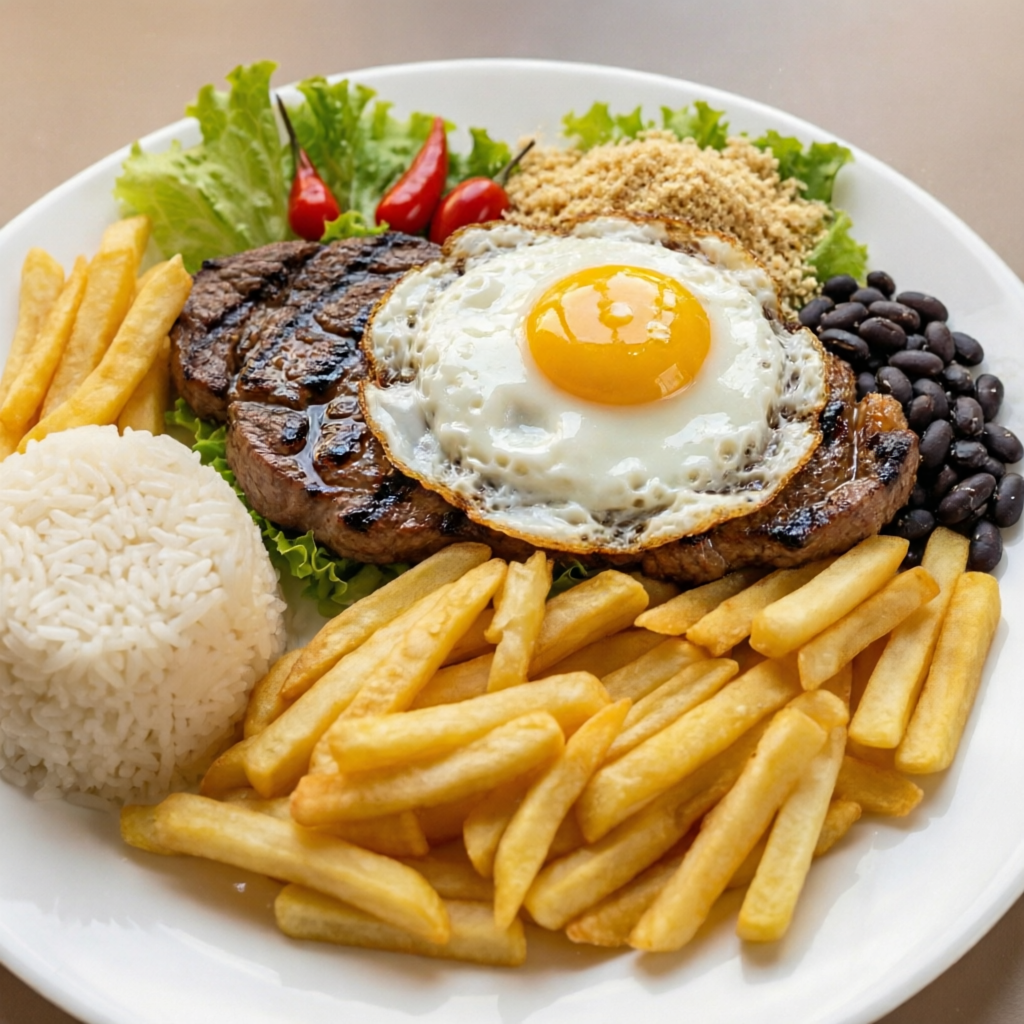 O contrafilé à cavalo é servido suculento, com um ovo frito por cima, trazendo um toque extra de sabor e cremosidade. Acompanhado de arroz soltinho e feijão bem temperado, o prato combina simplicidade e sabor irresistível, enquanto a farofa caseira complementa com seu toque crocante.