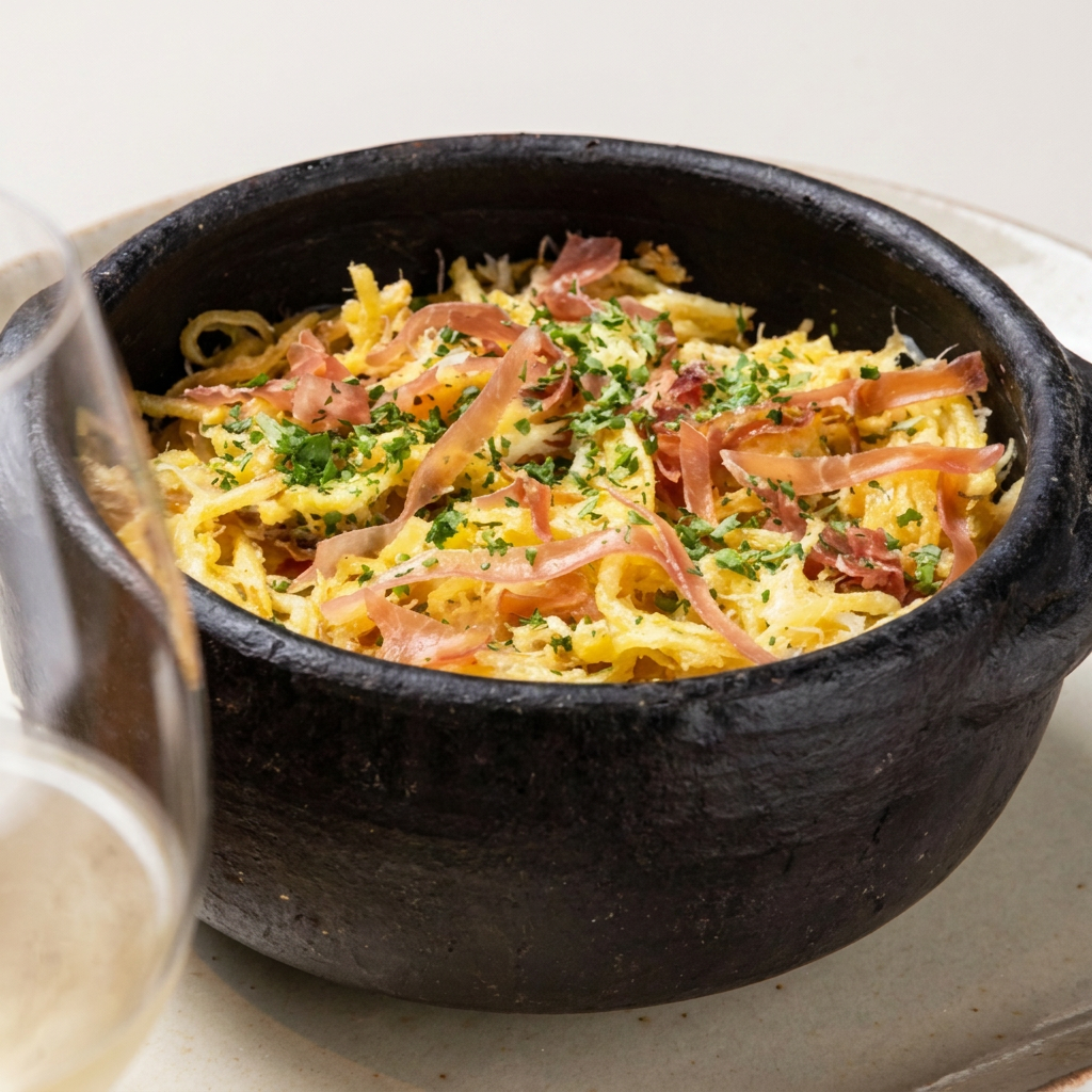Bacalhau desfiado, cebola, batata palha, ovos e presunto de parma.