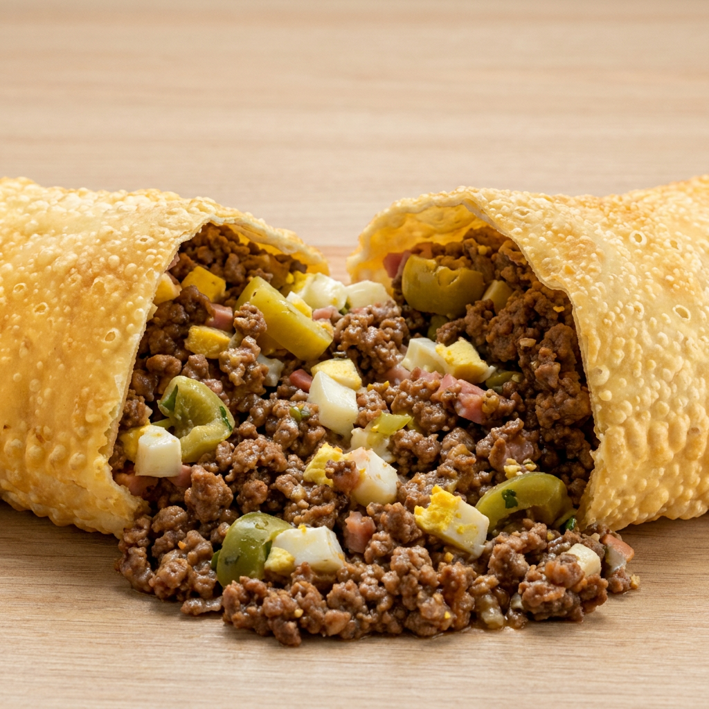 Pastel de 30cm recheado com Carne Moída Temperada, Queijo Mussarela, Presunto, Ovo Cozido e Azeitona. Obs: Não fazemos alterações de ingredientes.