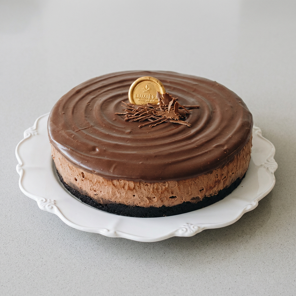 Torta de chocolate meio amargo com massa crocante e recheio cremoso, intensa na medida certa e irresistível a cada pedaço.