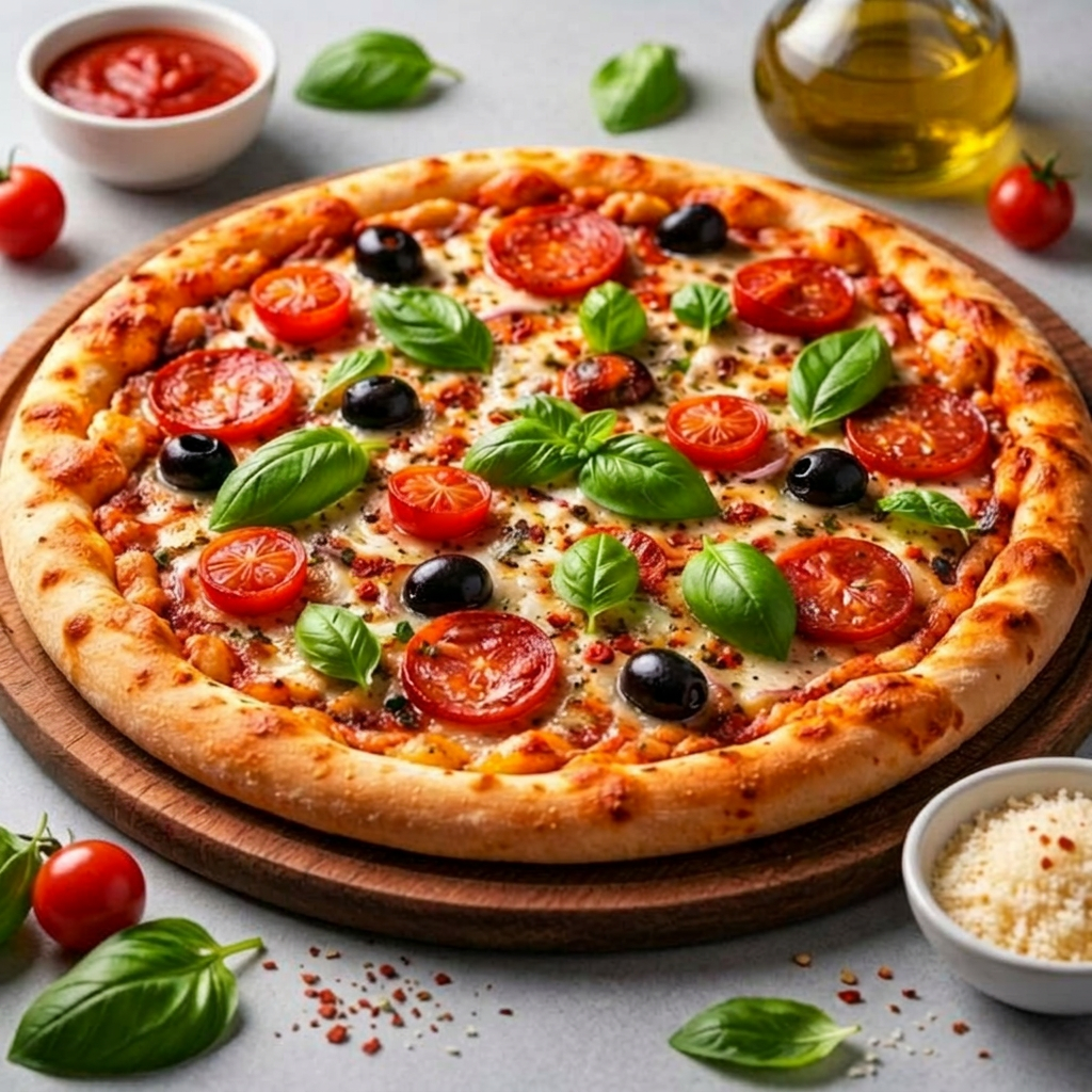 Massa fresca Aberta na hora, com molho especial de tomates frescos, coberta com mussarela. finalizada com azeitona e um fio de azeite. Direto do forno para sua casa! Uma delicia em cada mordida.