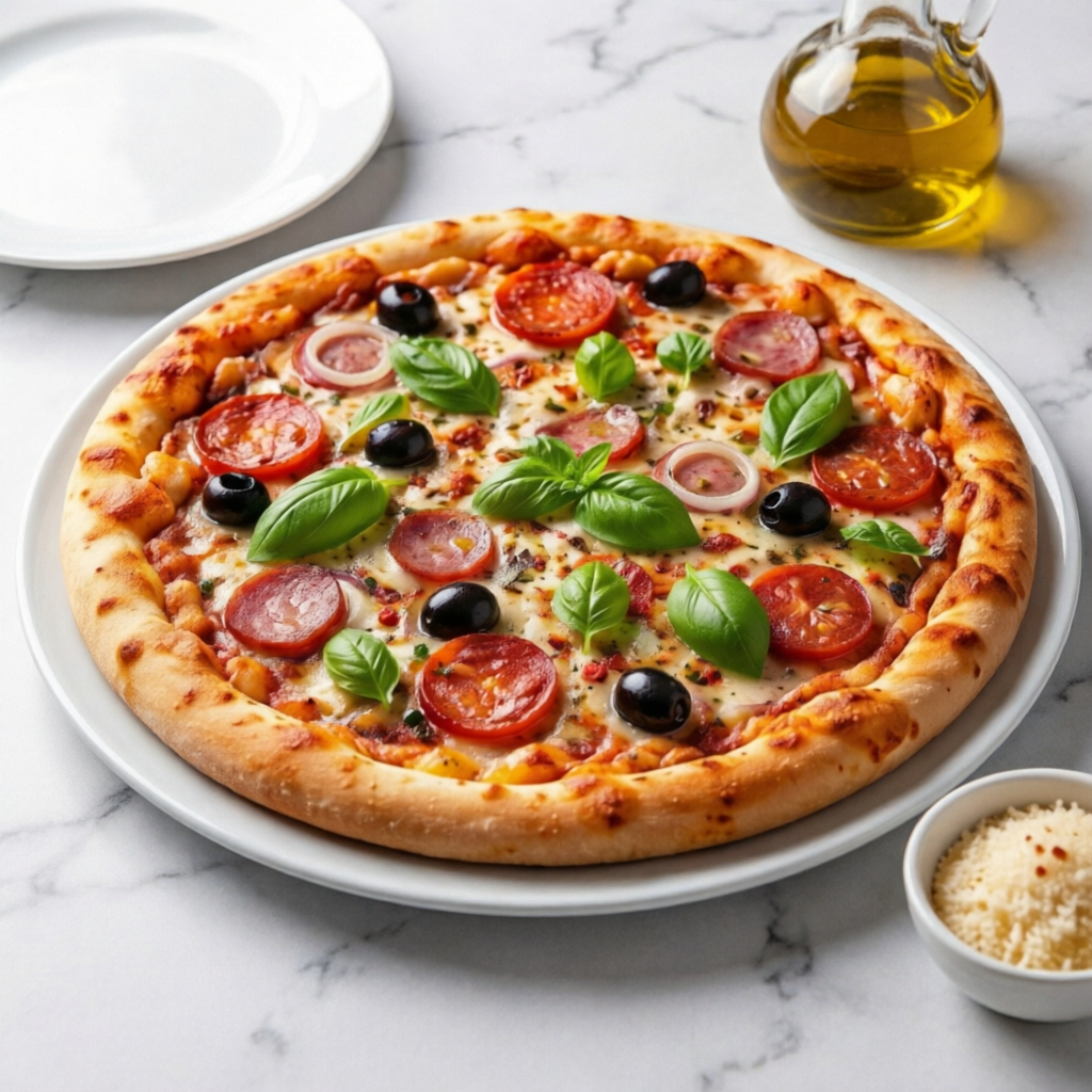 Massa fresca aberta na hora, com molho especial de tomates frescos, coberta com calabresa e finalizada com cebola, azeitonas pretas e um fio de azeite. Direto do forno para sua casa! Uma delicia em cada mordida!