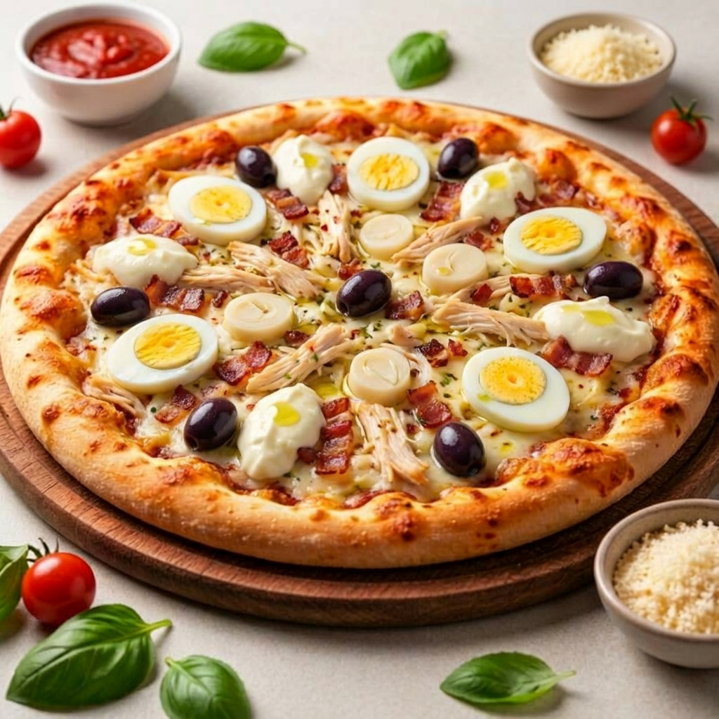 Massa fresca aberta na hora, com molho especial de tomates frescos, coberta com frango desfiado, palmito, ovo e bacon, finalizada com requeijão, azeitonas e um fio de azeite. Direto do forno para sua casa! Uma delicia em cada mordida!
