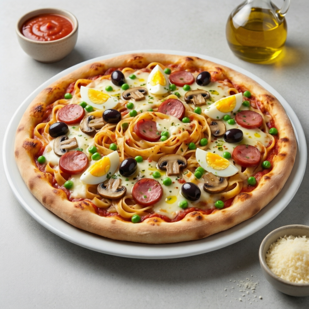 Massa fresca aberta na hora, com molho especial de tomates frescos, coberta com calabresa fatiada, champignon, ovo e mussarela, finalizada com ervilha fresca, azeitonas e um fio de azeite. Direto do forno para sua casa! Uma delicia em cada mordida!