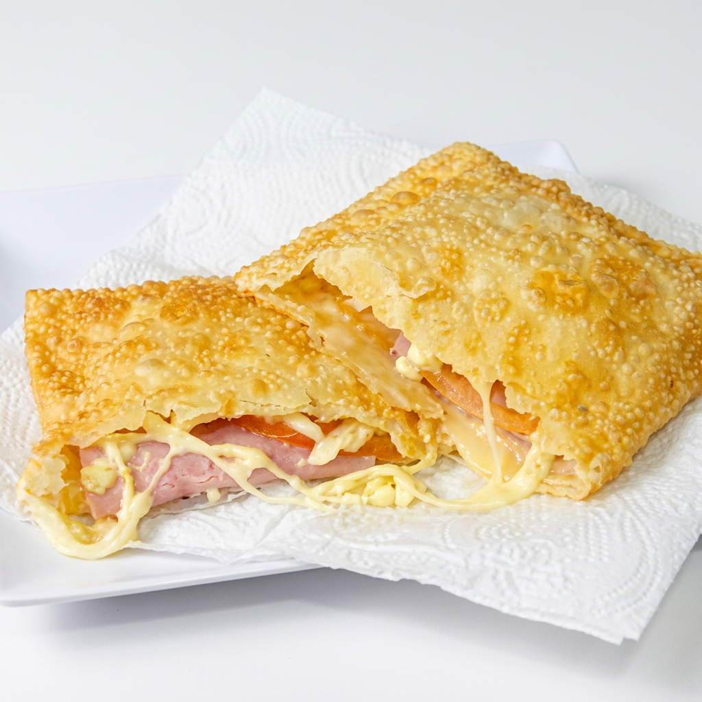 Pastel de Bauru
Uma combinação tradicional e irresistível: queijo mussarela derretido, presunto saboroso e tomate fresco, tudo isso dentro de uma massa crocante e sequinha.
O sabor clássico que agrada todos os paladares!