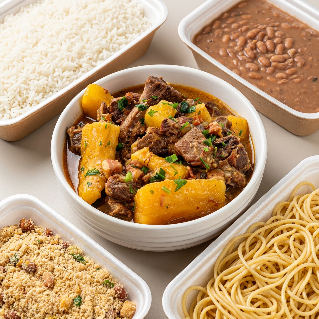 Arroz, Feijao, Macarrao, farofa.