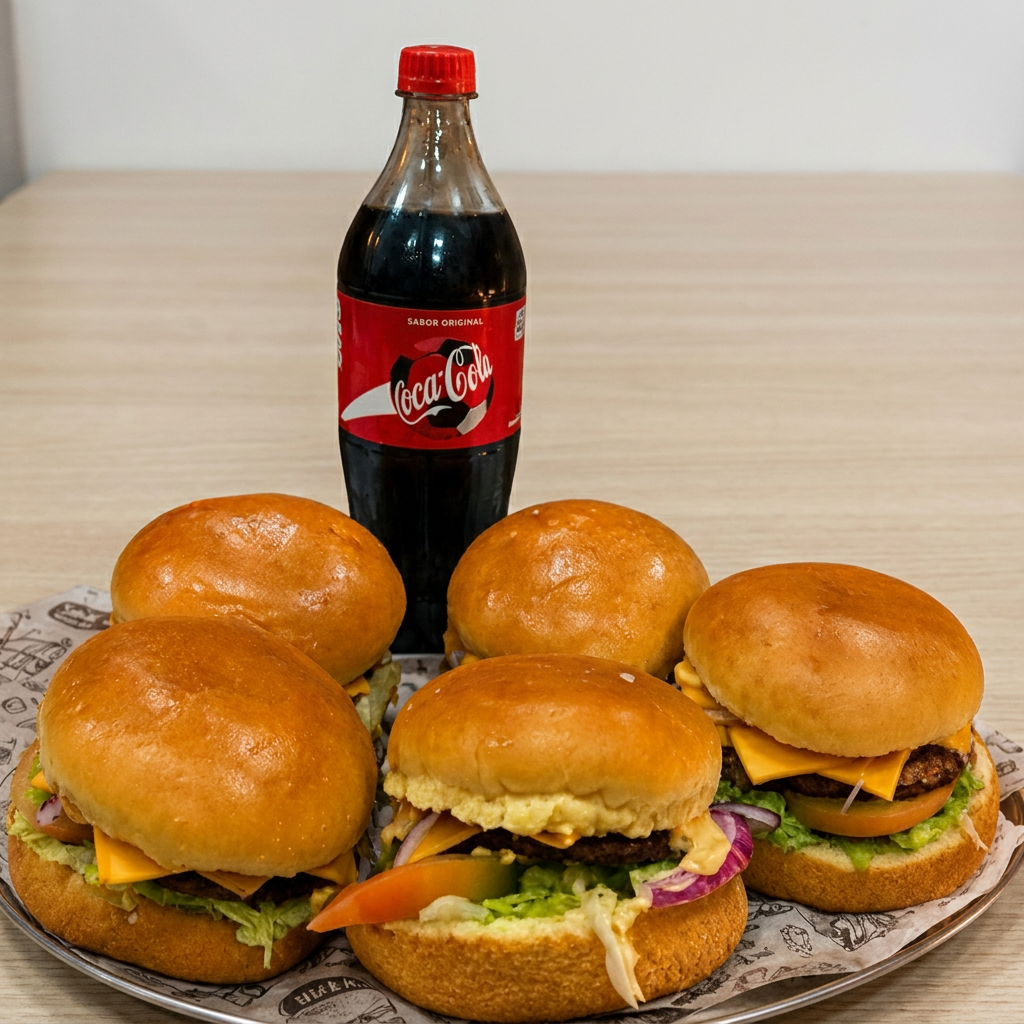 5 X-Salada Industrial de 90g, Queijo Mussarela, Alface e Tomate no Pão de Hamburguer + 1 Coca-cola 600ml