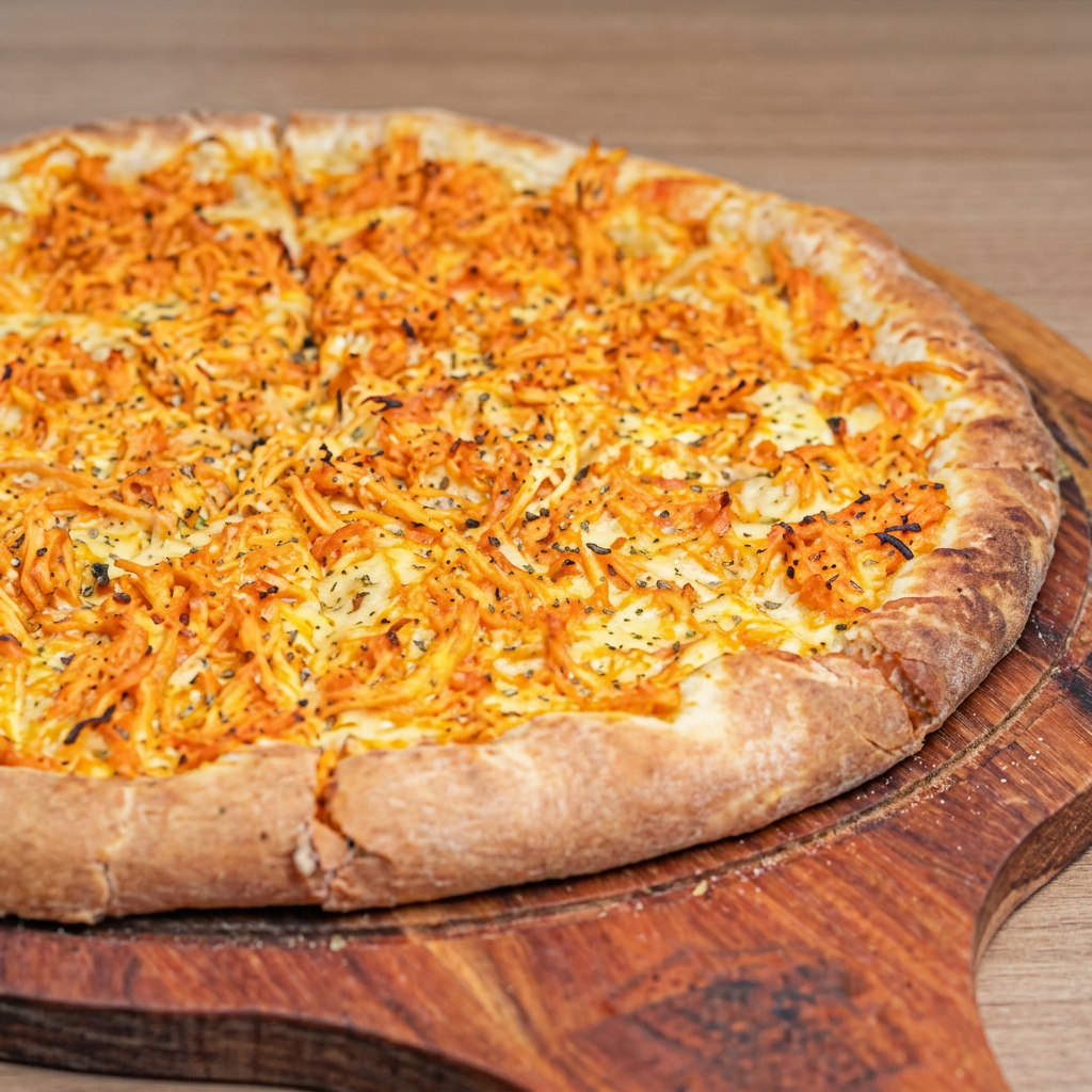 Pizza artesanal, base com molho artesanal de tomate , delicioso frango desfiado e temperado com tempero da casa, coberto com delicioso Queijo mussarela, azeitonas sem caroço e orégano .