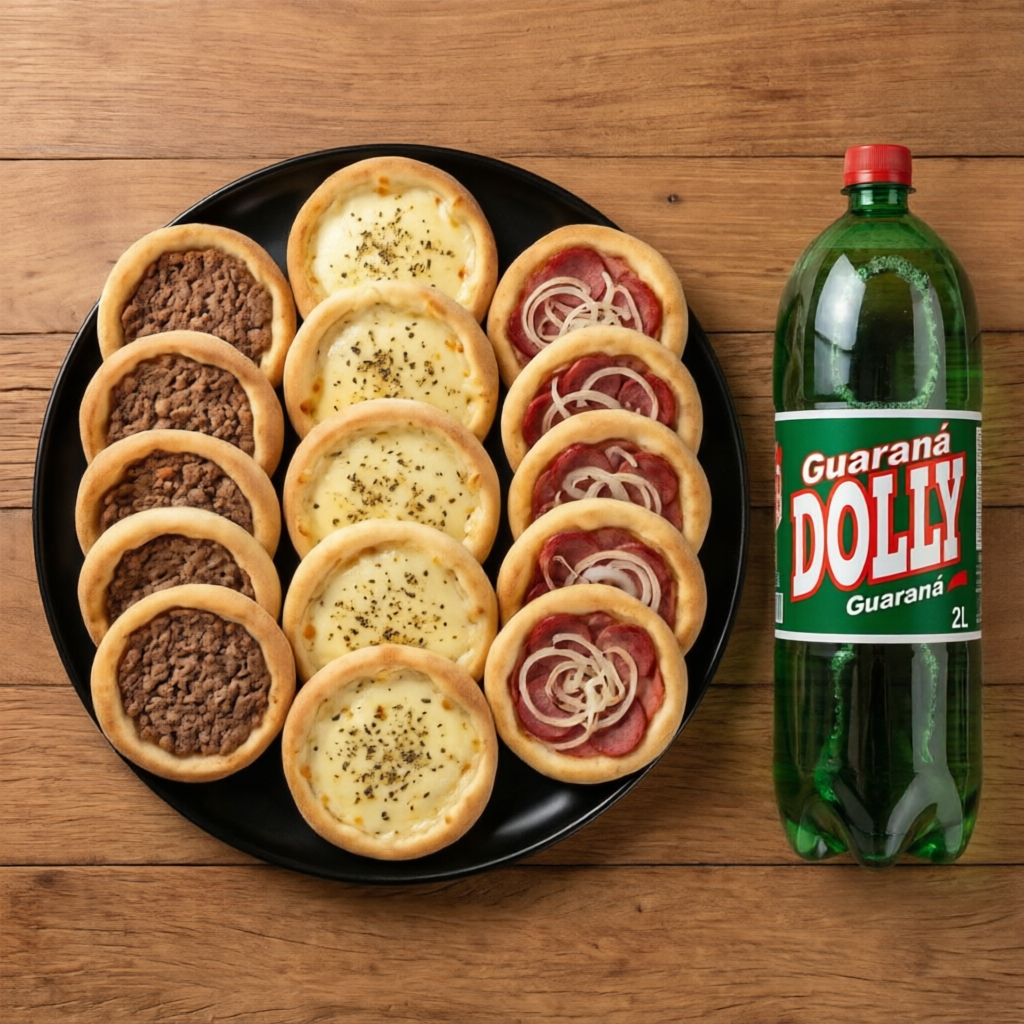 5 esfihas de carne + 5 esfihas de queijo + 5 esfihas de calabresa + 1 dolly 2l