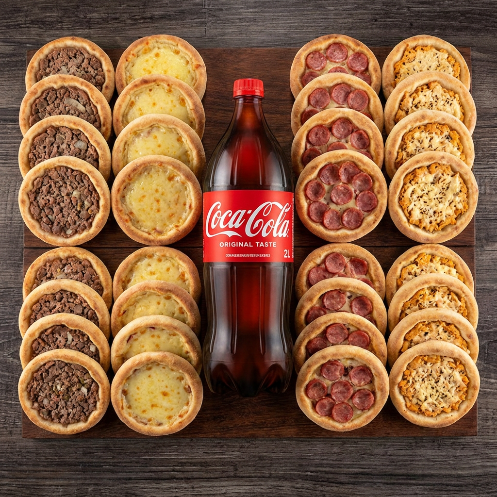 10 esfihas de carne + 10 esfihas de queijo + 10 esfihas de calabresa + 10 esfihas de frango c/ Catupiry