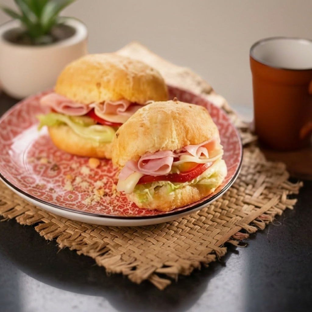 Escolha entre os seguintes sabores: Pão de queijo recheado com queijo minas derretido e tomate. Pão de queijo recheado com queijo mussarela derretido e presunto. Pão de queijo recheado com queijo mussarela derretido e peito de peru. Pão de queijo recheado com peito de peru e queijo minas derretido. Escolha uma das opções que deseja. O mesmo vai quentinho conforme o recheio escolhido, pão de que