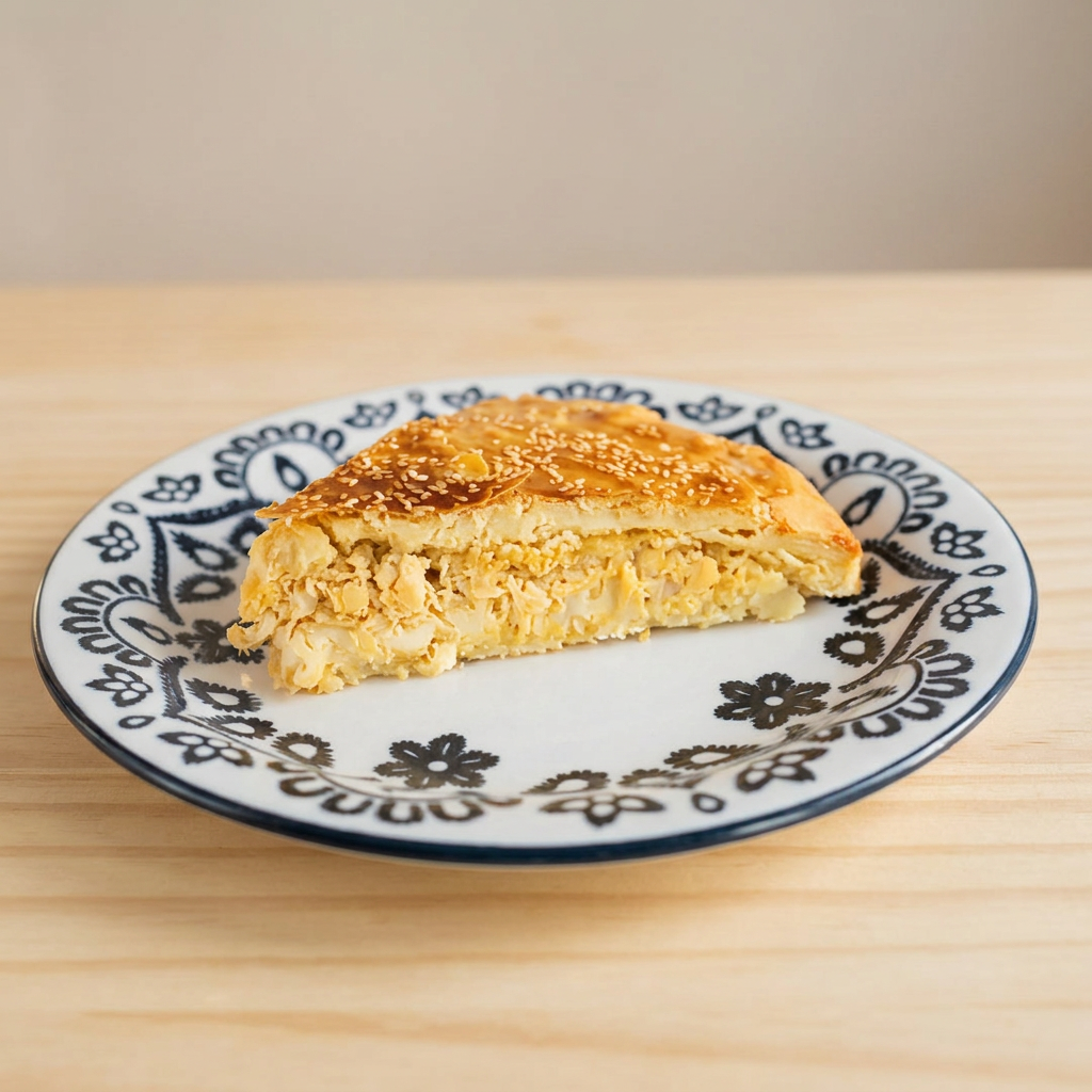 Uma deliciosa torta com massa macia, dourada e crocante, complementada com recheio cremoso.