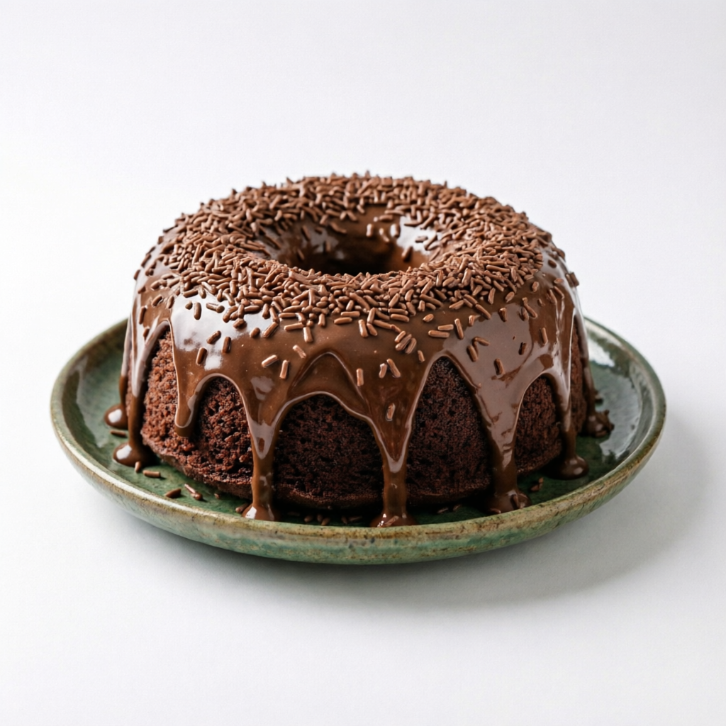 Bolo fofinho com uma deliciosa Cobertura de Chocolate. Sugestão de servir de 8 a 10 fatias