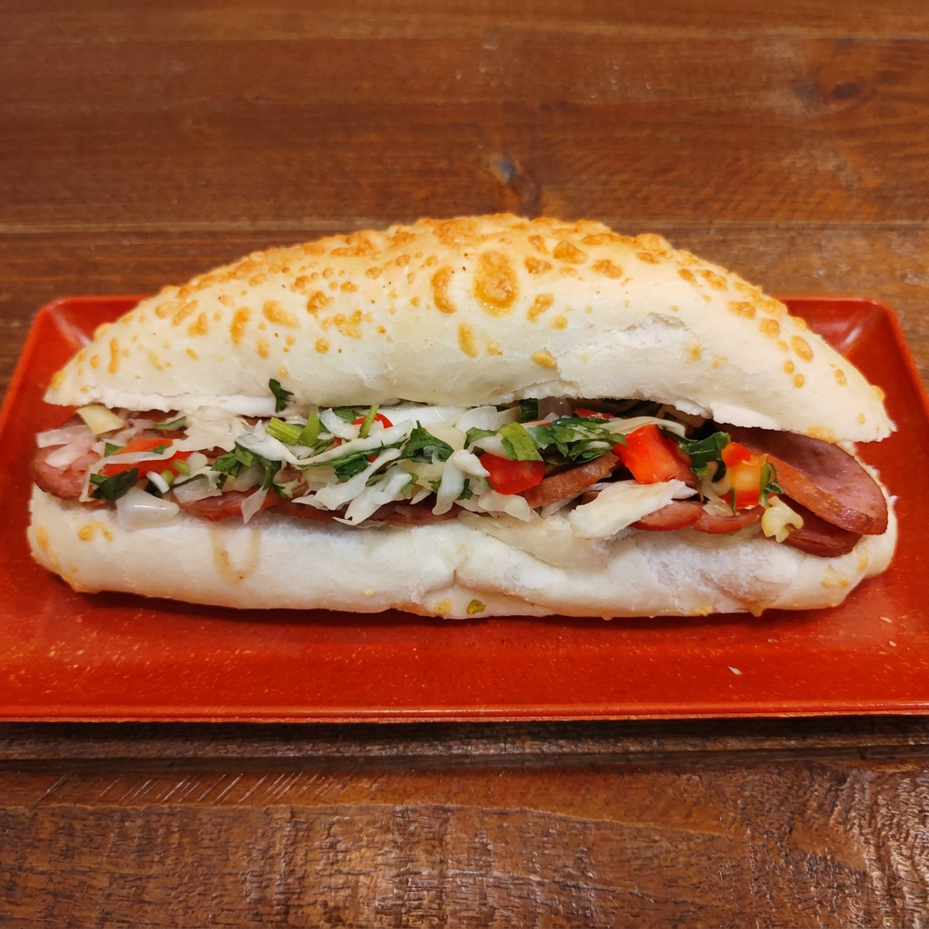Saboroso sanduba de calabresa acebolado com vinagrete fresco e queijo derretido.