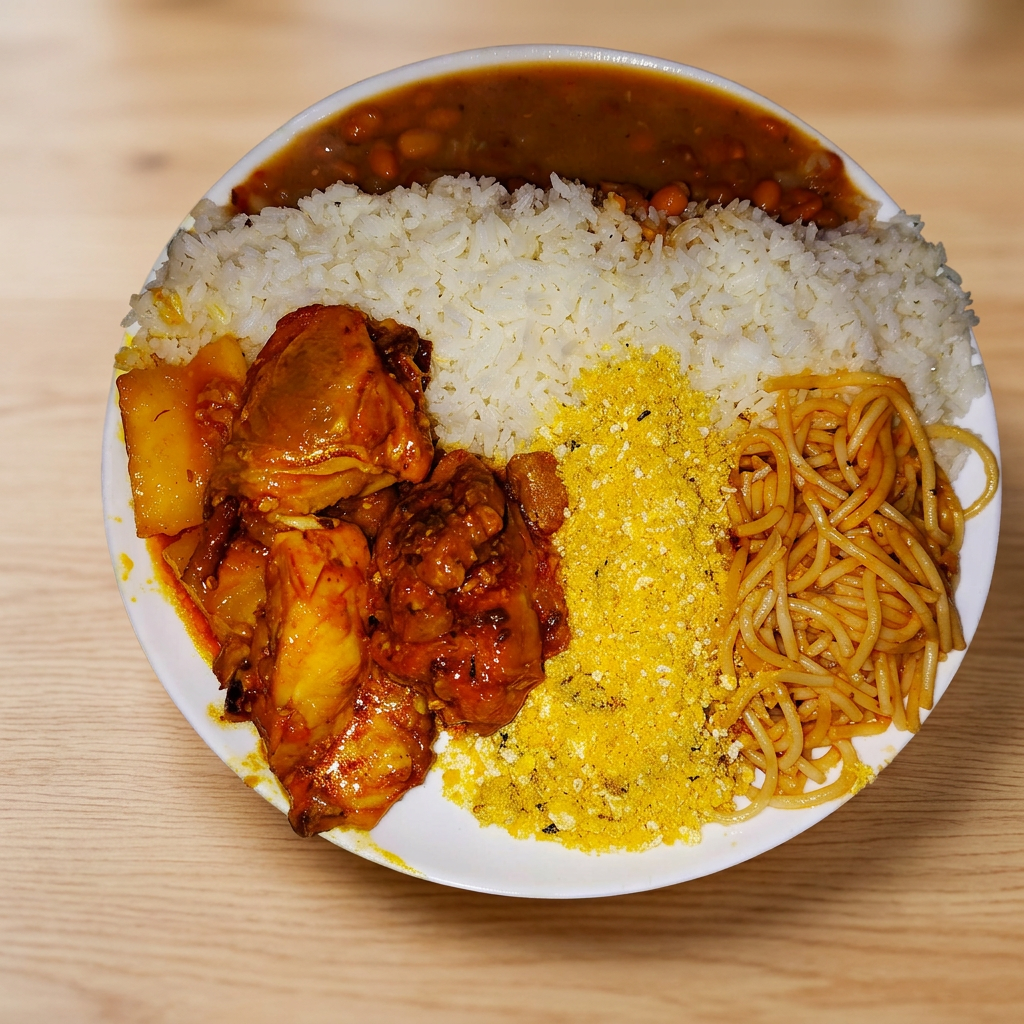 Arroz, feijao, Frango ao Molho.
Opcional: Salada, Macarrão, Farofa - Gratis