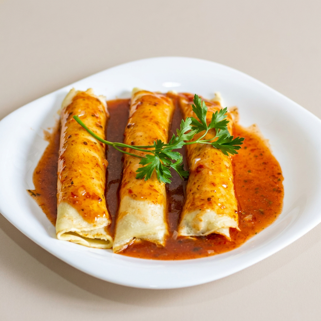 03 Saborosas Panquecas de massa leve e delicada, recheadas com carne bovina selecionada, moída e temperada no ponto ideal. Finalizadas com uma irresistível cobertura de molho especial caseiro.