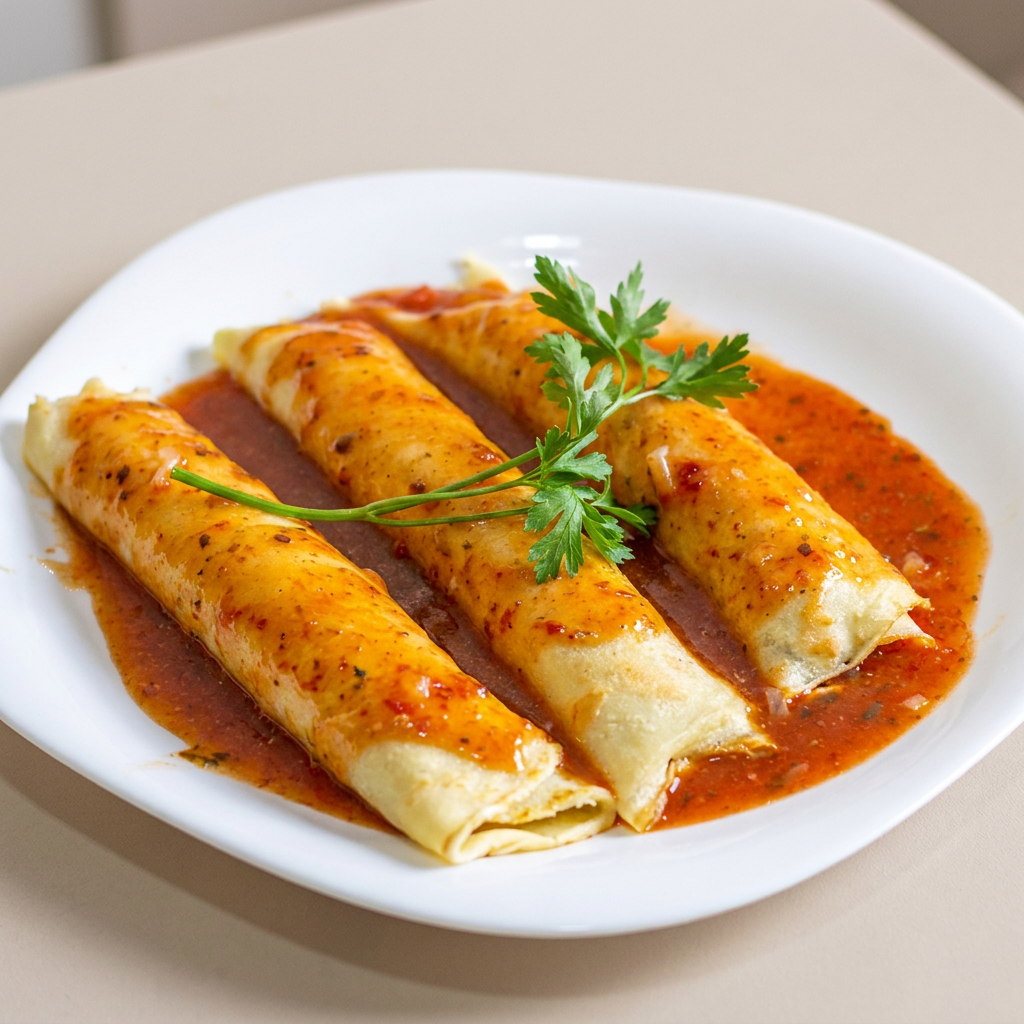 03 Saborosas Panquecas de massa leve e delicada, recheadas com Frango desfiado. Finalizadas com uma irresistível cobertura de molho especial caseiro.