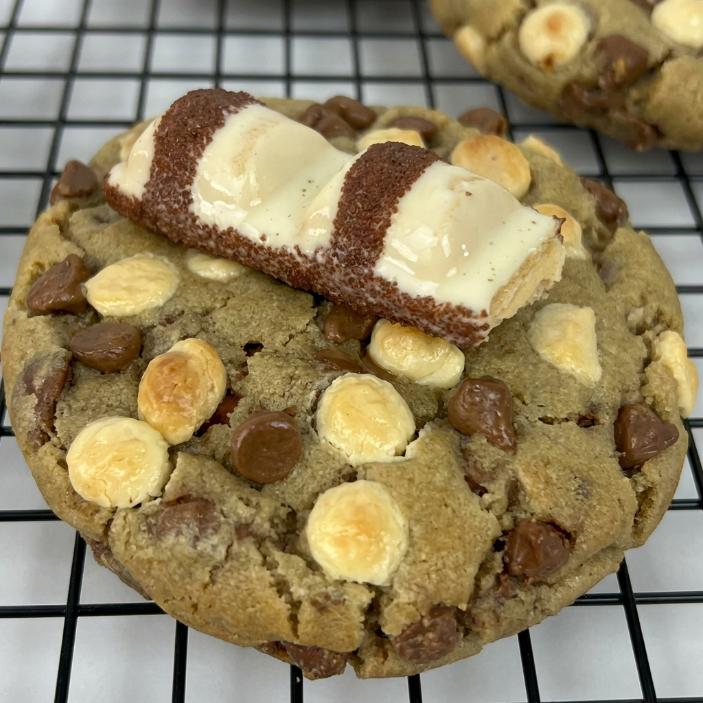 Cookie Kinder Bueno Uma explosão de sabor que vai conquistar seu coração! Nossa massa especial de chocolate é repleta de pedaços de Kinder Bueno e recheada com o inconfundível creme do Kinder Bueno. Cada mordida traz a cremosidade e o sabor irresistível desse clássico. Ideal para adoçar seu Dia ou surpreender quem você ama! Peça agora e sinta a magia do chocolate em sua melhor forma!
