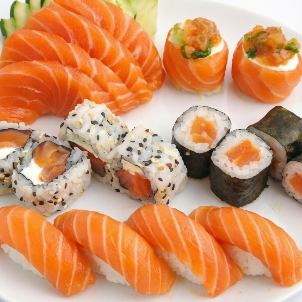 4 sashimis de salmão, 4 niguiris de salmão, 2 joes de salmão
4 hossomakis de salmão, 4 uramakis de salmão