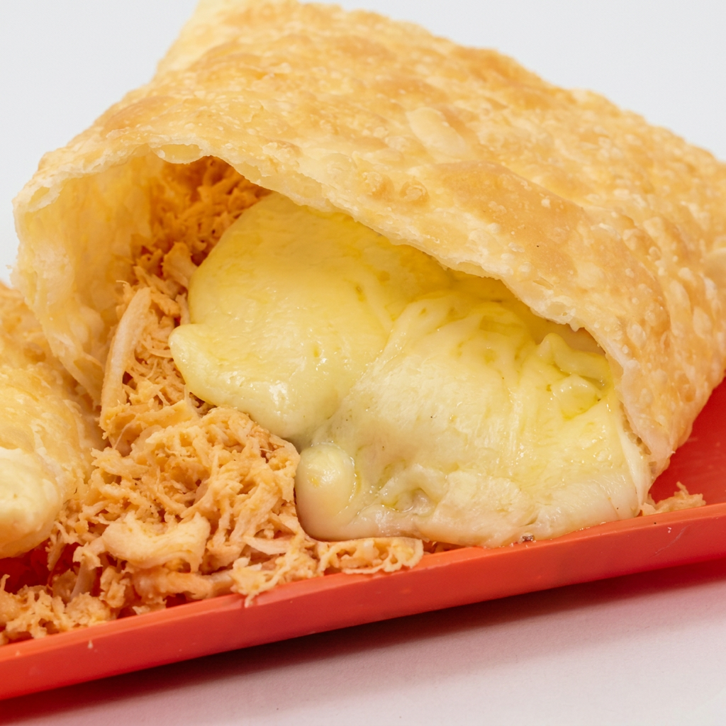 Pastel quentinho e frito na hora, frango desfiado bem saboroso e requeijão cremoso. Irresistivelmente saboroso.