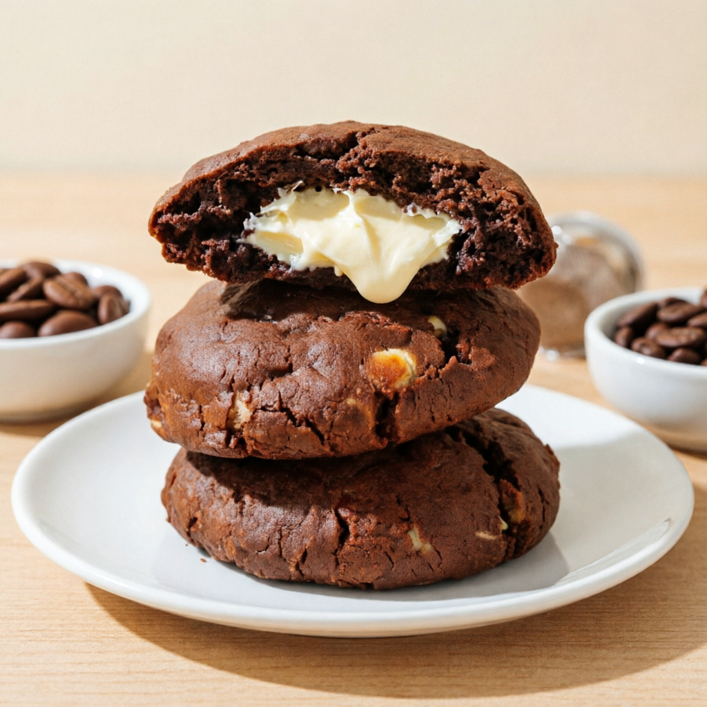 Um cookie Triplo Choco White é caracterizado por uma massa saborosa, tripicamente de cacau, enriquecida com três tipos de chocolate, recheado com um delicioso e cremoso chocolate branco.