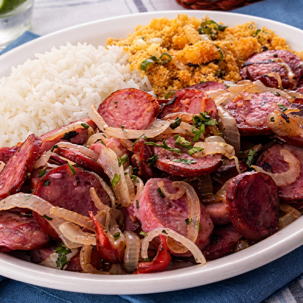 Marmita caseira de calabresa frita acebolada com acompanhamento de arroz branco, feijão, farofa .