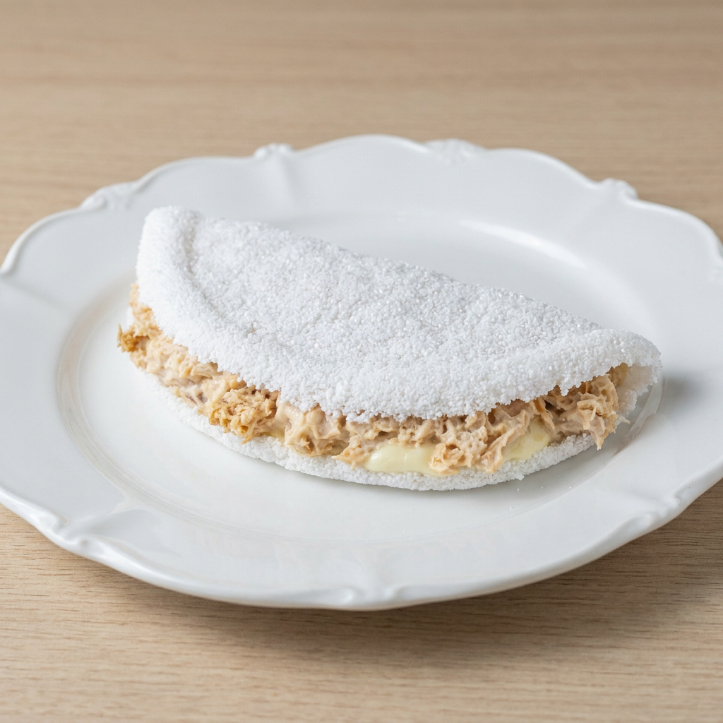 Massa de tapioca com recheio cremoso de frango desfiado e uma fatia de queijo muçarela.