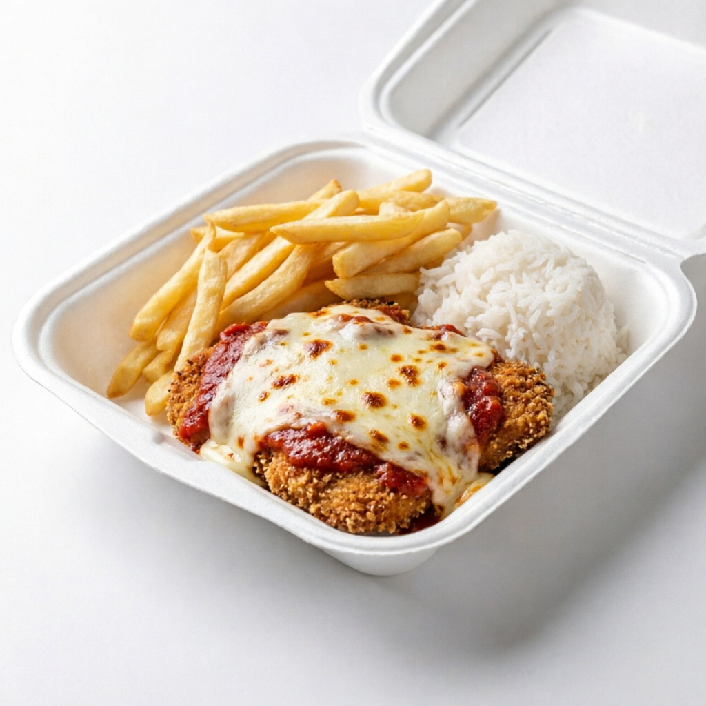 NÃO FAZEMOS ALTERAÇÃO NO PRATO.“Relembre o sabor da comida caseira da vovó com a nossa marmitex de filé de frango á parmegiana. Uma receita tradicional , preparada com muito amor e carinho , para você se sentir em casa , o de estiver .”
