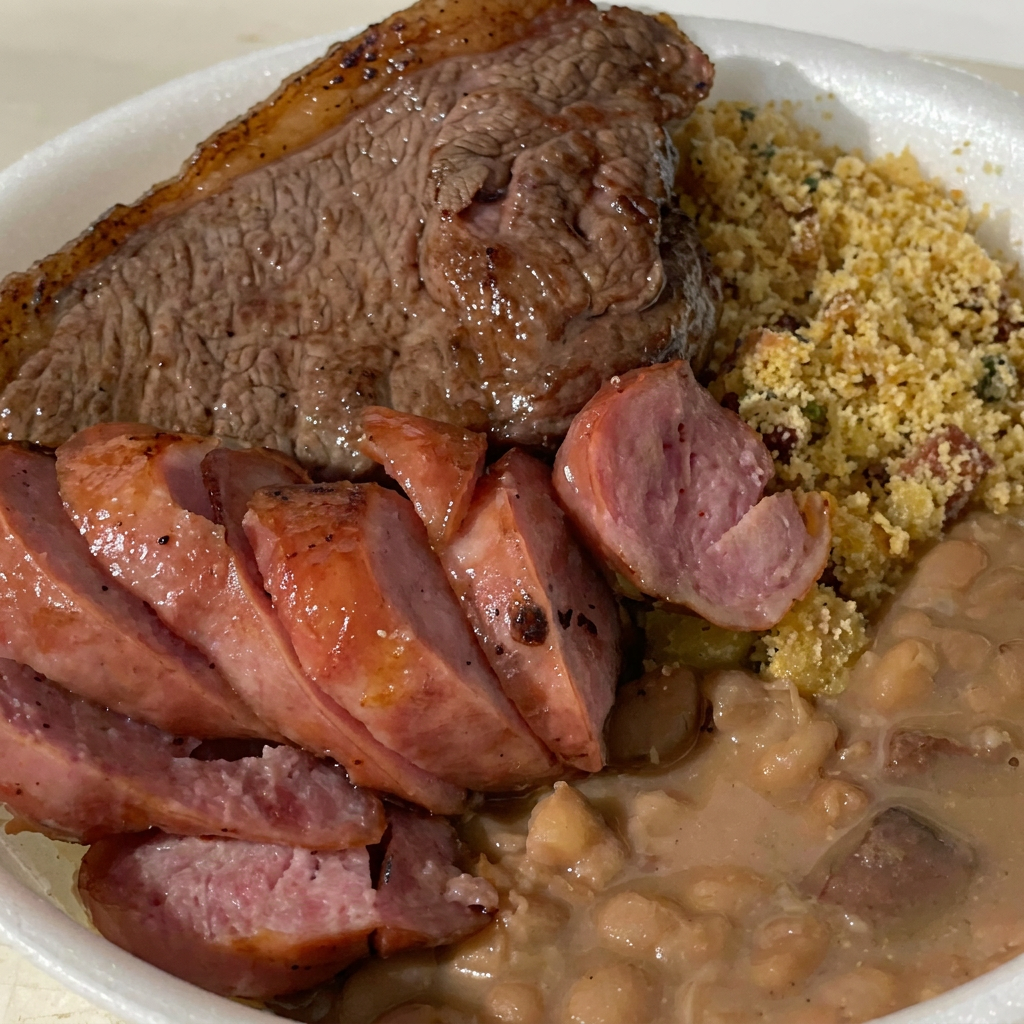 Arroz,feijão,picanha,linguiça,batata frita