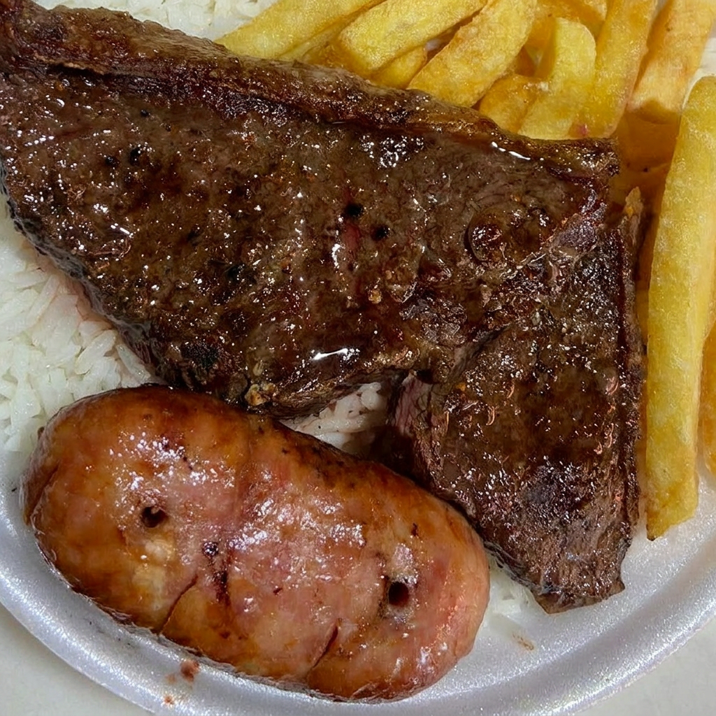 Arroz,feijão,contra file,linguiça batata frita