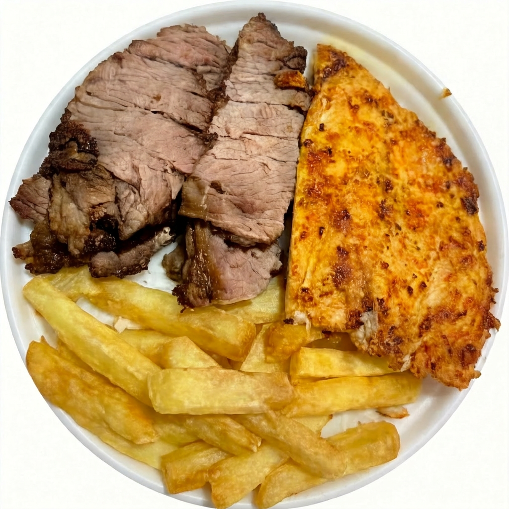 Arroz,feijão,contra file e batata frita