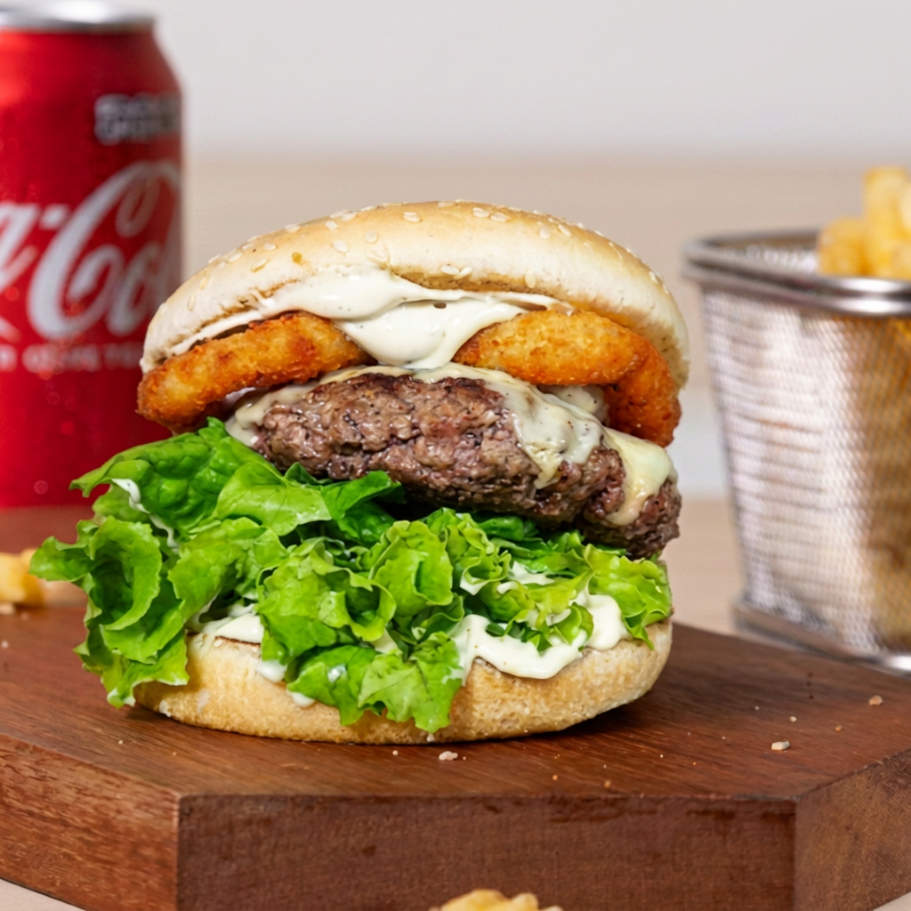 Pão tradicional com gergelim, Burguer Artesanal de 160g Aprox., queijo muçarela, molho tasty e onion rings