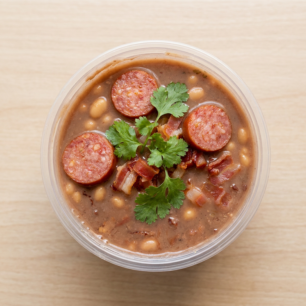 Cremoso e bem temperado, preparado com feijão selecionado e pedaços generosos de calabresa dourada, finalizado com temperos especiais para um sabor irresistível.