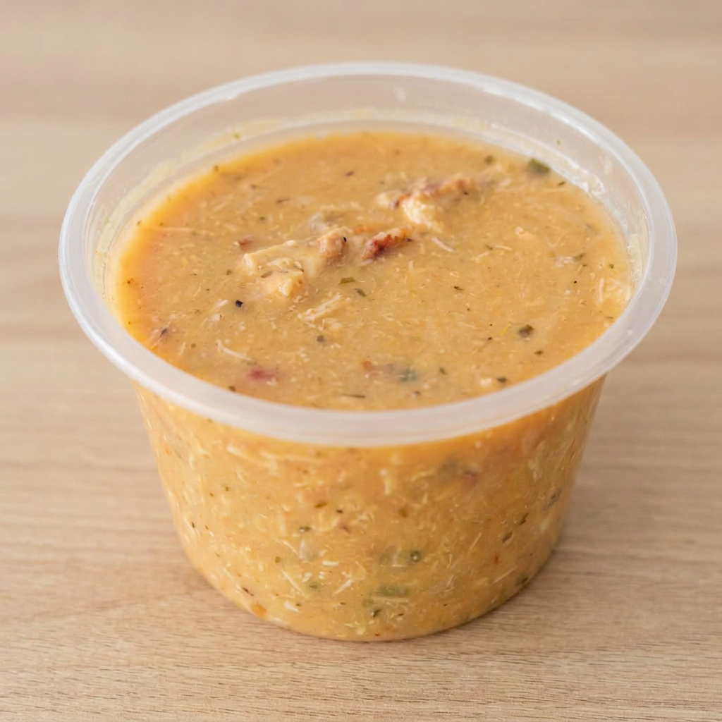 Caldo cremoso de mandioca com frango desfiado pedaços de bacon e temperos variados.
