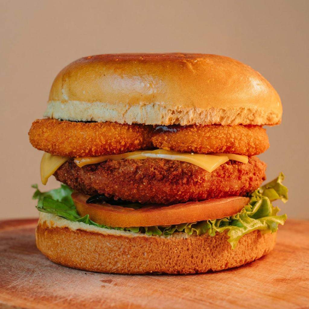 Black Chicken Burger: hambúrguer de frango empanado crocante, queijo prato, alface, tomate, cebola empanada, maionese da casa e molho mostarda e mel, tudo no pão de brioche. Uma combinação irresistível de sabores e texturas!