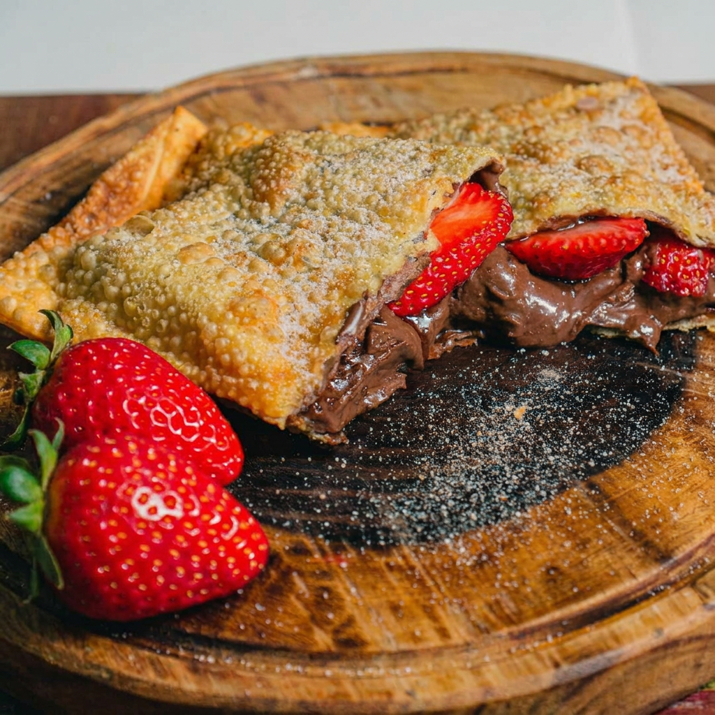 Pastel crocante recheado com morangos frescos e chocolate preto, finalizado com açúcar e canela.
