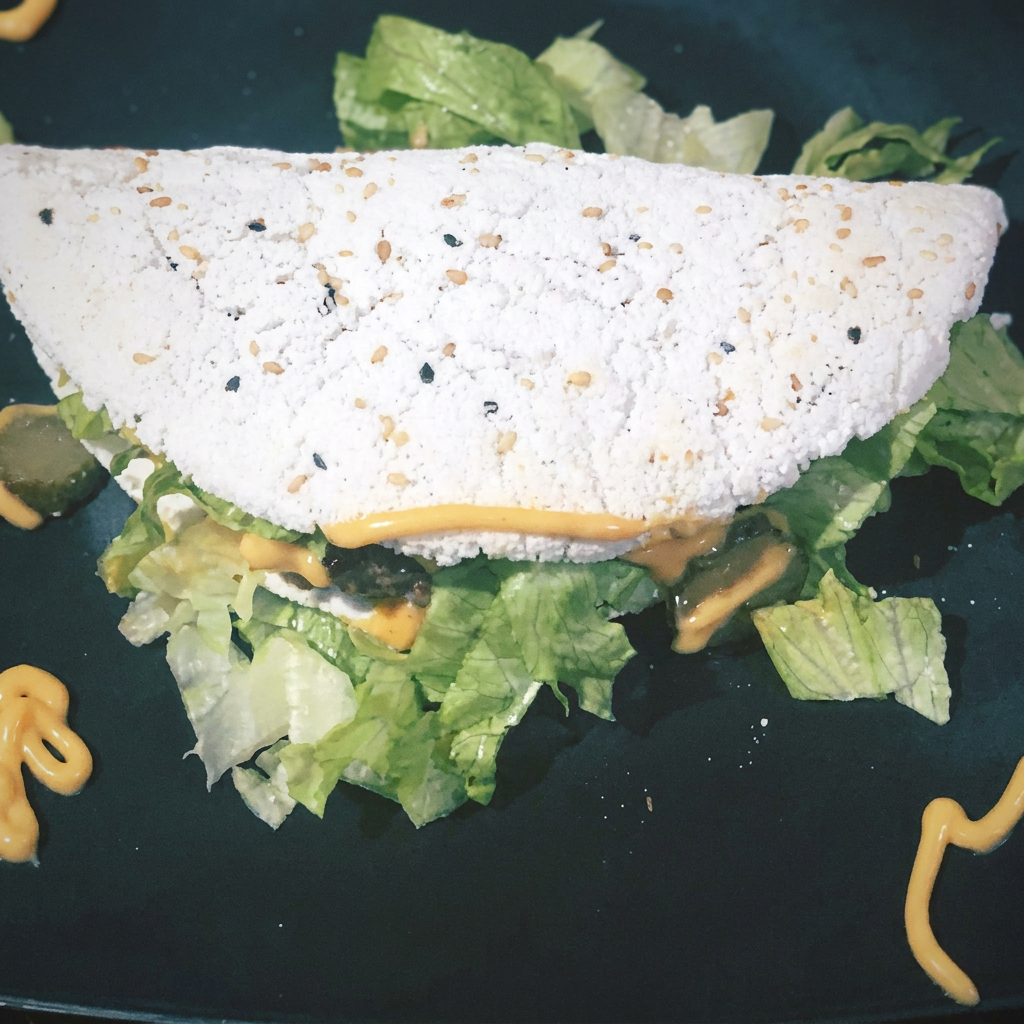 Hambúrguer artesanal, picles, queijo, alface americana e massa de tapioca com gergelim.