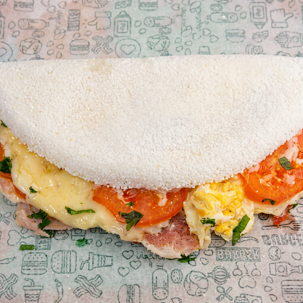 Ovo, queijo, presunto e tomate.
