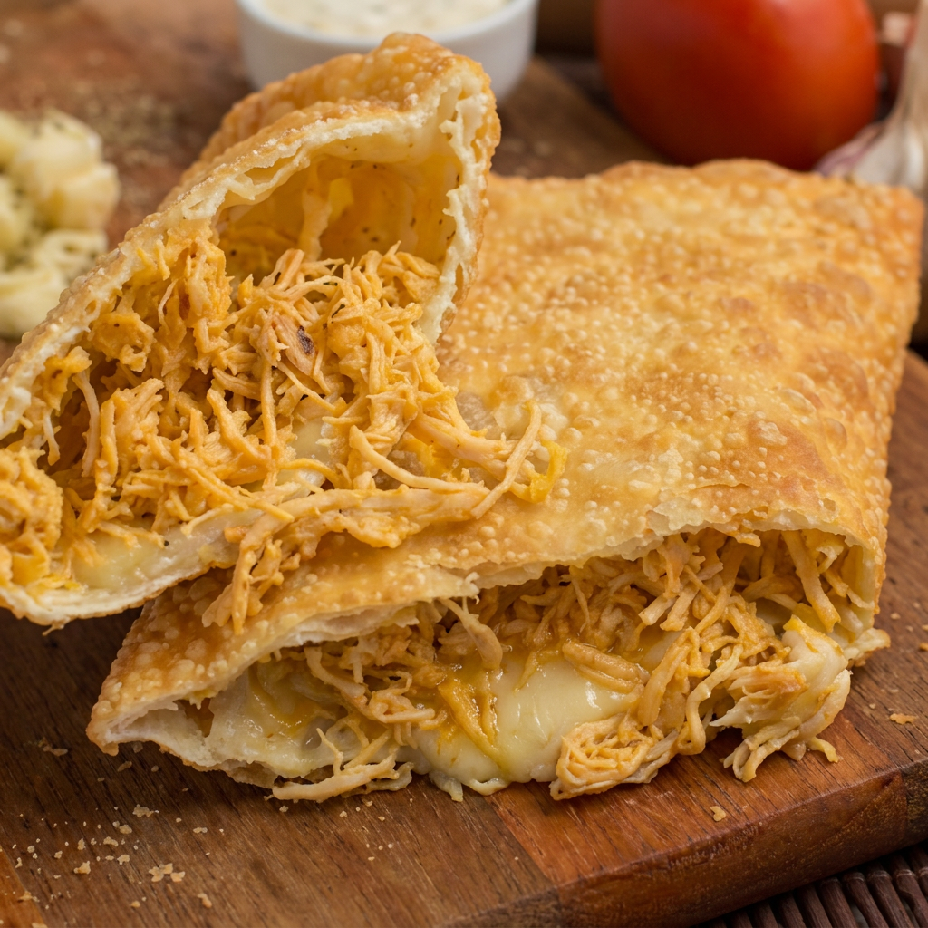 massa crocante e frita por imersão, com recheio suculento de frango desfiado muito bem temperado