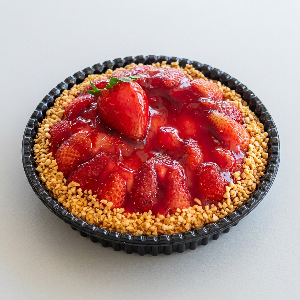 Uma deliciosa torta de morango, feita com uma massa macia e crocante, acompanhada de um creme irresistível e coberta por morangos e geléia de morango.