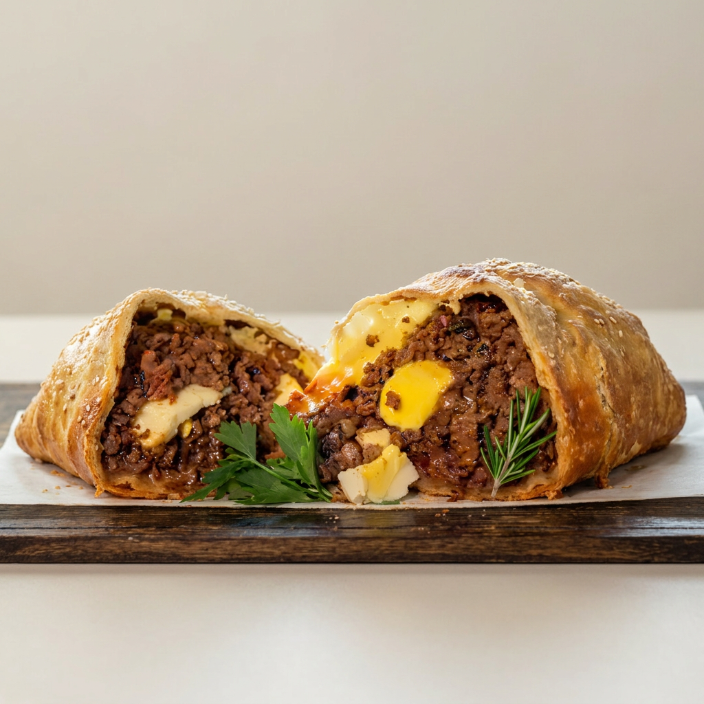 Carne moída, mussarela, ovo cozido, tomate e azeitona.