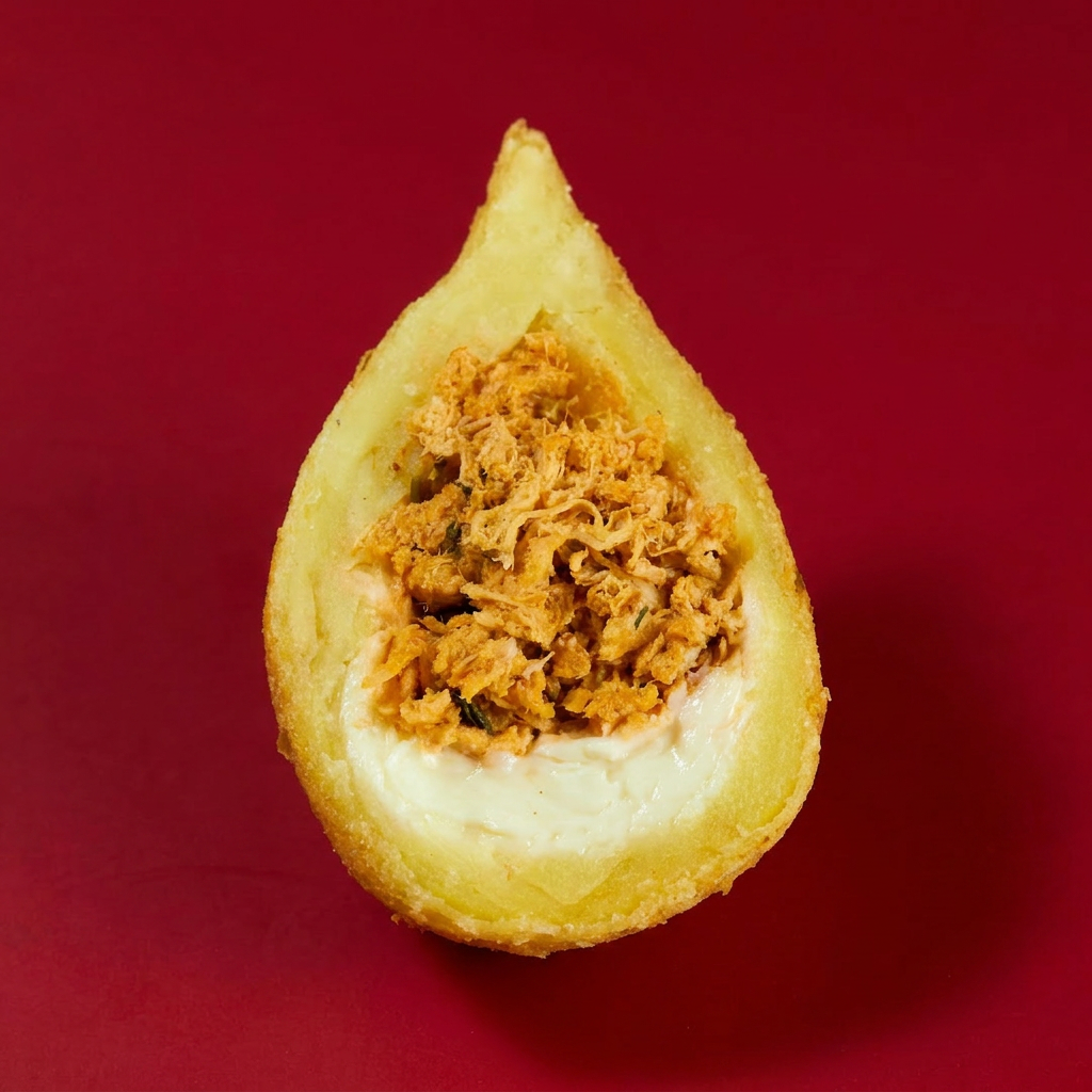 Saborosa Coxinha de Frango com Catupiry, Preparado com Massa de Batata Artesanal e Recheado com Frango Desfiado e Catupiry Original.