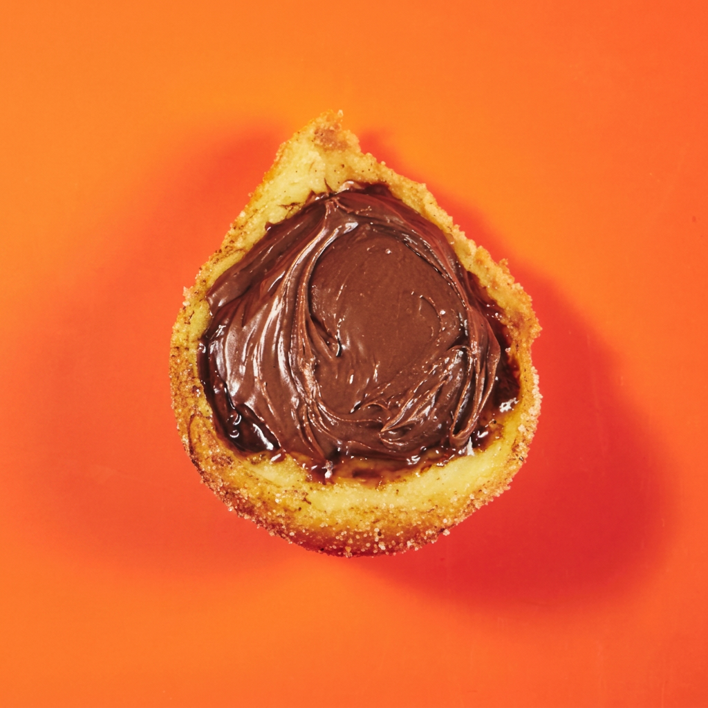 Saborosa Coxinha de Nutella! Uma explosão de sabor com a nossa massa de batata macia, recheada generosamente com autêntica Nutella e empanada em açúcar e canela.