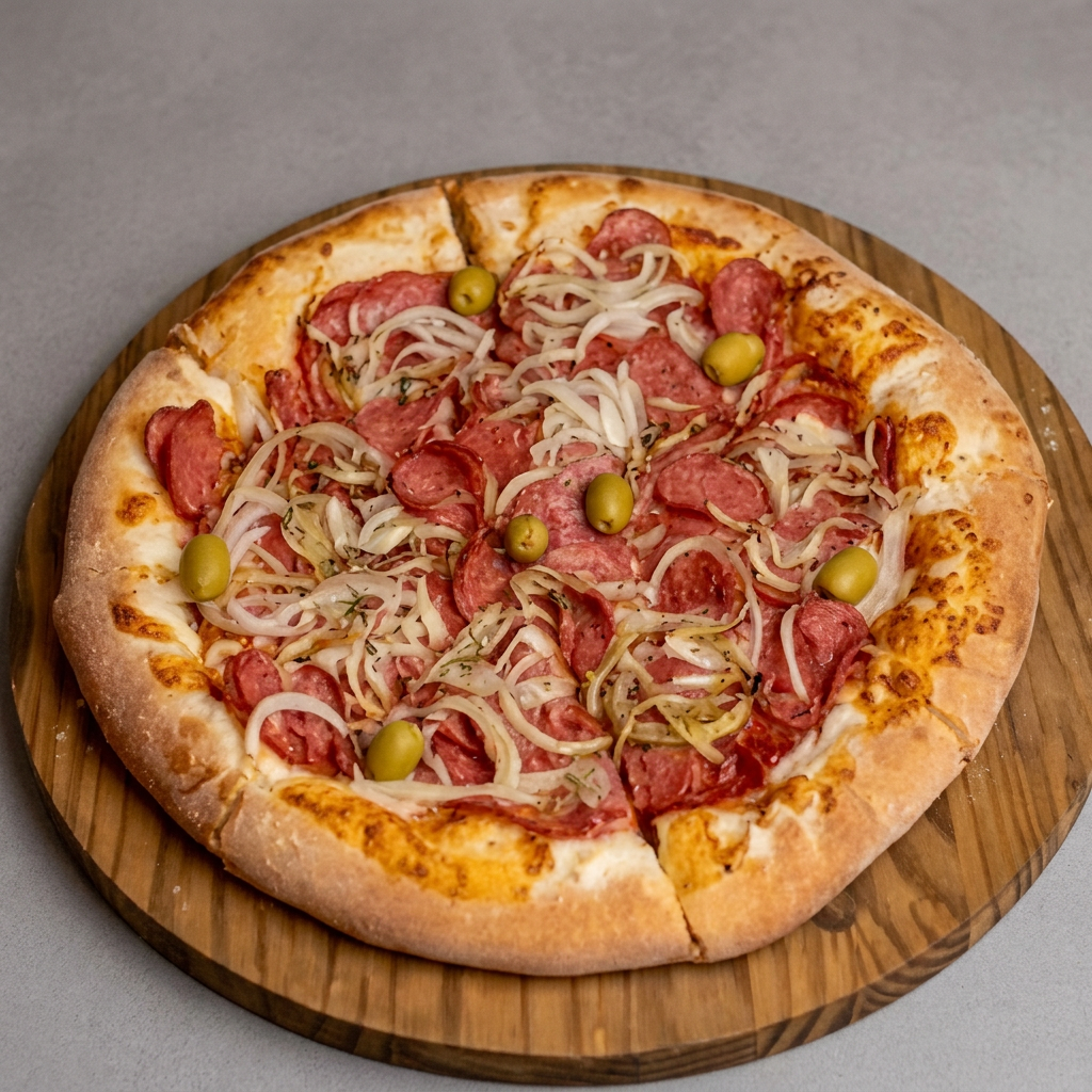 deliciosa pizza de calabresa fatiada com cebola
