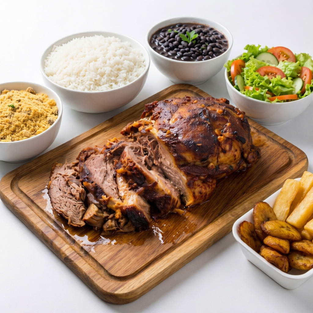 Mista de fraldinha no alho, arroz, feijão, farofa, salada, fritura do dia.